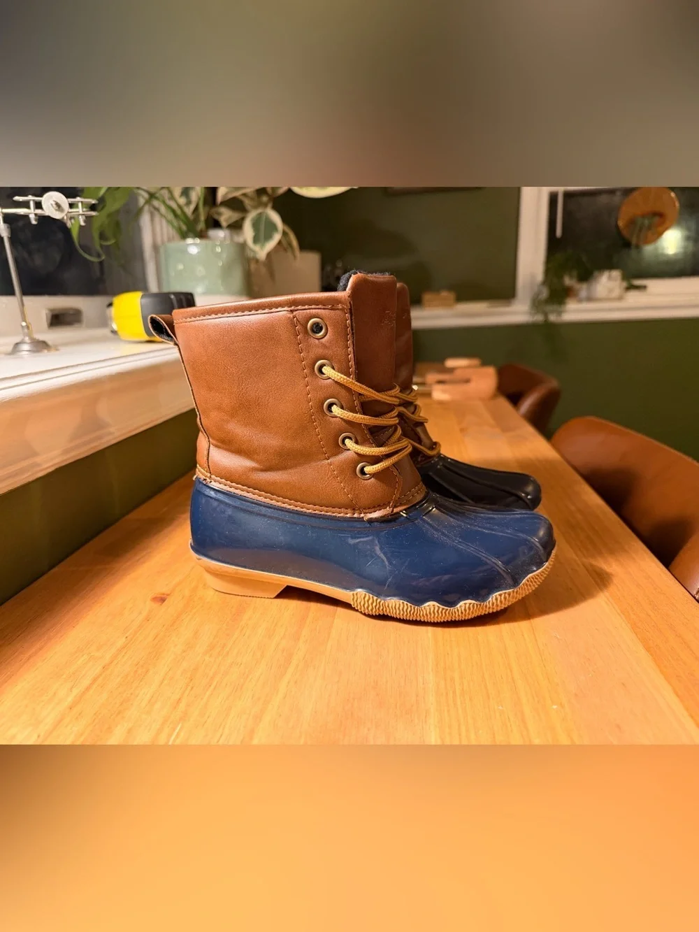 Kids Waterproof Duck Boots in Brown and Navy